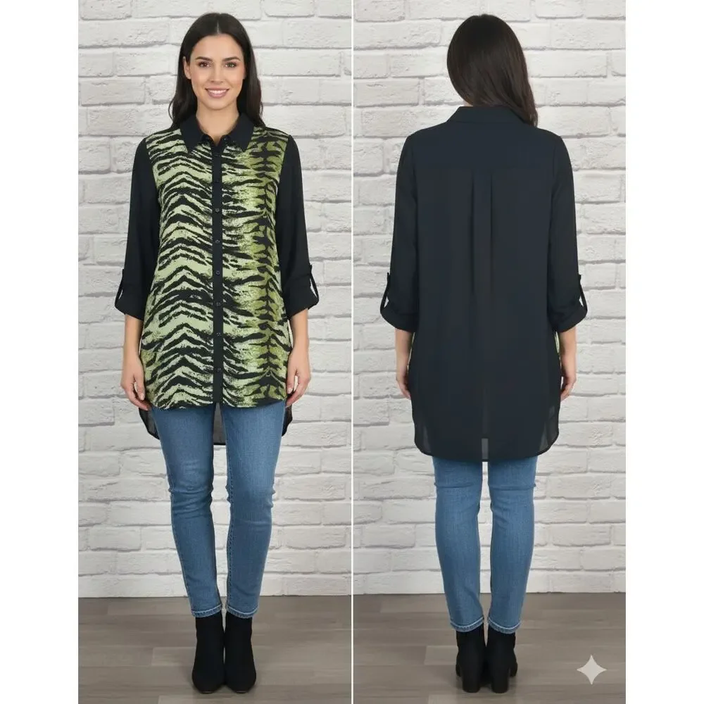 Susan Graver Womens 8 Maximalist Statement Animal Print‎ Roll Tab Tunic Blouse